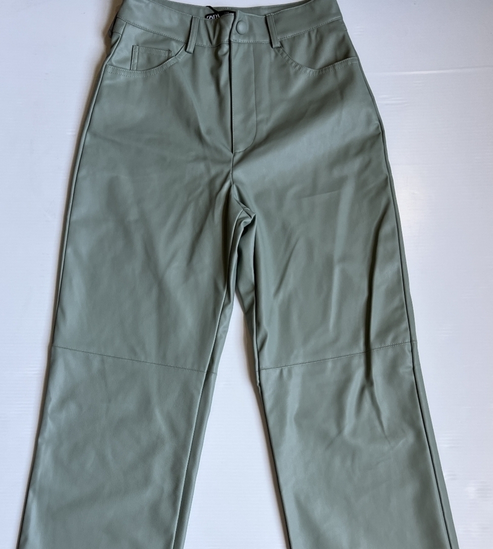 Zara Faux Leather Pants High Waisted Straight Leg light green Womens Sz sS22
